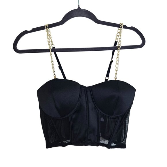 Black Chain-Strap Bustier Top With Mesh & Gold Zipper Accent - Picture 2 of 8